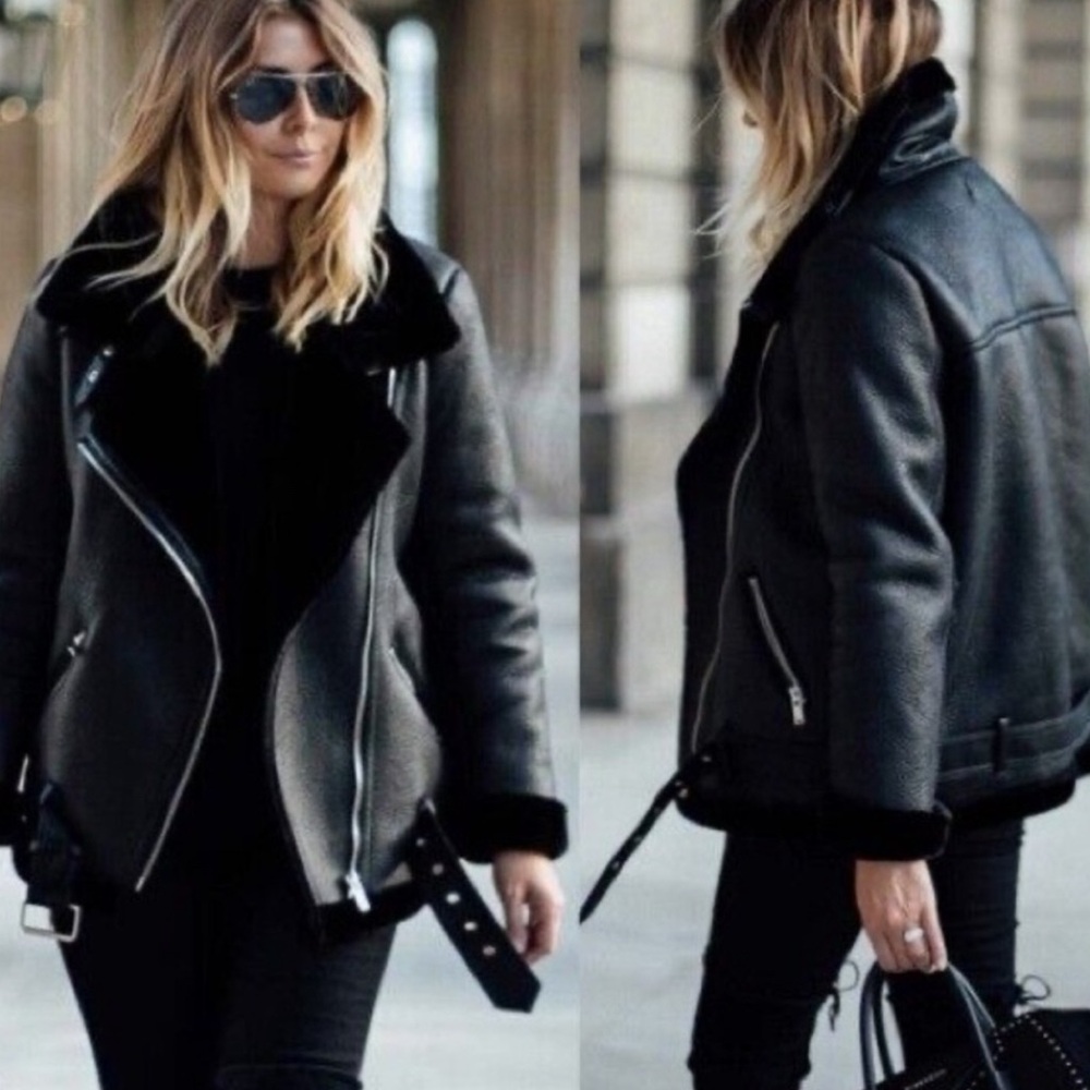 Zara Faux Leather Shearling Black Bomber Jacket